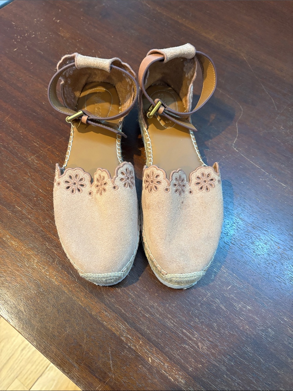 See By Chloe Blush Suede Espadrille Sandals with Ankle Strap